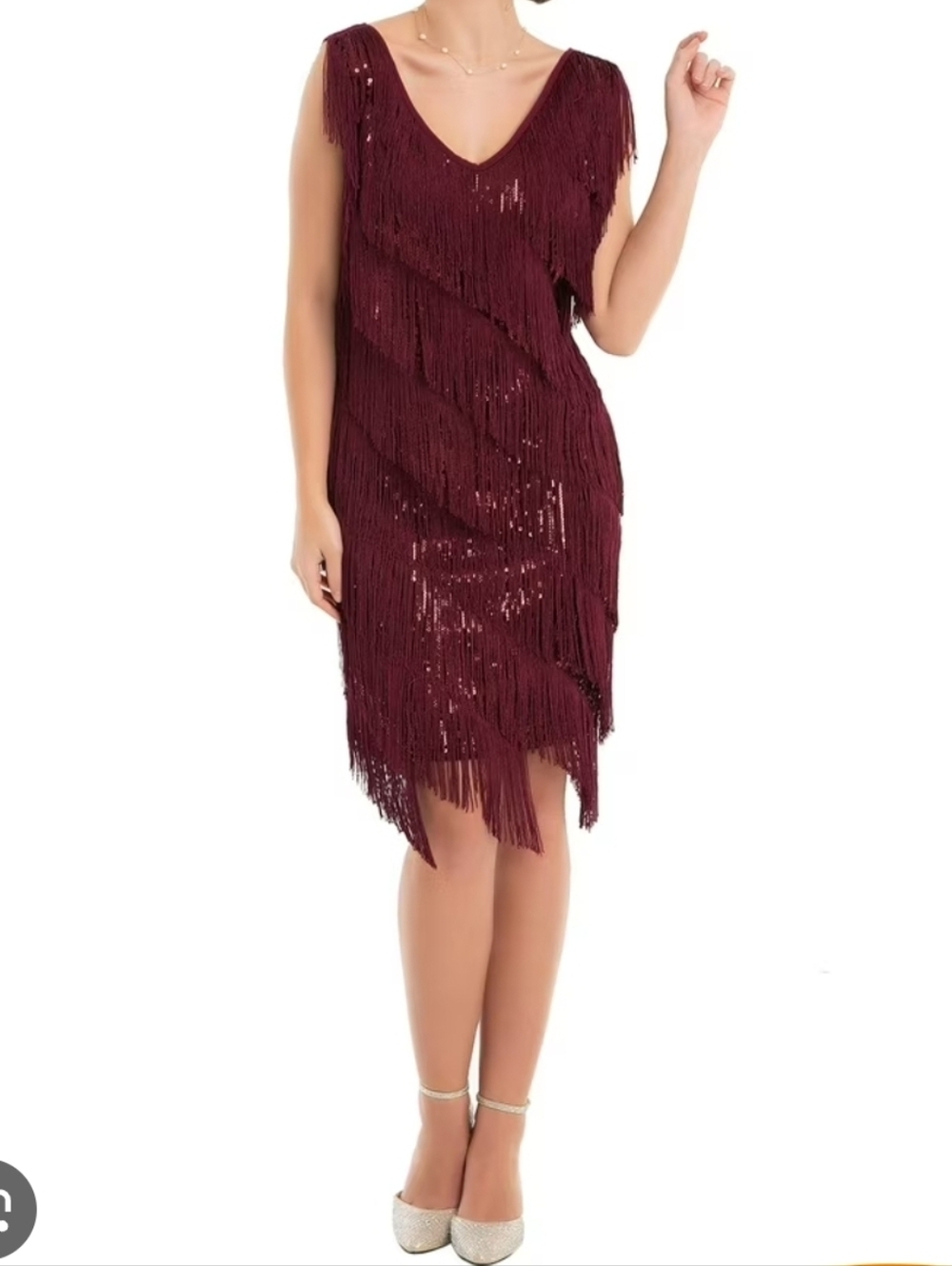 Maroon Fringe Sequin Midi Dress with V-Neck XXL